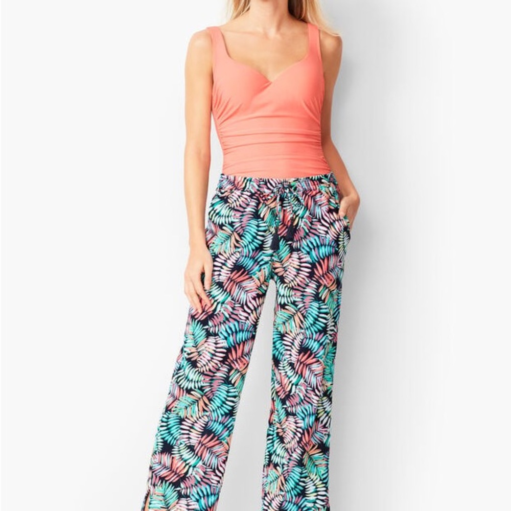 NWT Talbots CRINKLE-COTTON BEACH PANTS - BREEZY PALM PRINT
